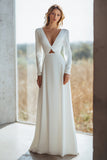 Ivory A Line V Neck Ruched Floor-Length Wedding Dress with Keyhole