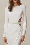 Sparkly Ivory Cut Out Sheath Sweep Train Wedding Dress with Sleeves