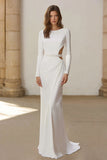 Sparkly Ivory Cut Out Sheath Sweep Train Wedding Dress with Sleeves