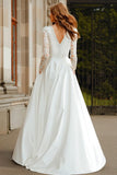 Ivory V-Neck A Line Long Sleeves Floor-Length Wedding Dress with Lace