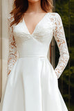 Ivory V-Neck A Line Long Sleeves Floor-Length Wedding Dress with Lace