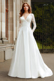 Ivory V-Neck A Line Long Sleeves Floor-Length Wedding Dress with Lace