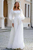 Ivory Square Neck A Line Puff Sleeves Long Wedding Dress