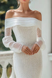 Sparkly Ivory Sheath Off The Shoulder Sweep Train Wedding Dress with Sleeves