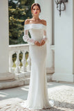 Sparkly Ivory Sheath Off The Shoulder Sweep Train Wedding Dress with Sleeves
