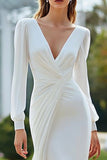 Ivory V-Neck Sheath Long Sleeves Sweep Train Wedding Dress with Slit
