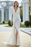 Ivory V-Neck Sheath Long Sleeves Sweep Train Wedding Dress with Slit