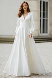 Ivory V-Neck A Line Long Sleeves Floor-Length Wedding Dress