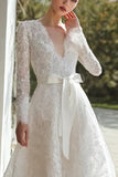 Lace Ivory V-Neck Long Sleeves Sweep Train Wedding Dress with Bow