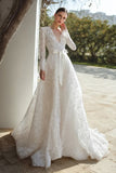 Lace Ivory V-Neck Long Sleeves Sweep Train Wedding Dress with Bow