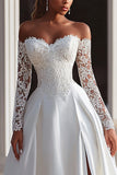 Ivory A Line Off The Shoulder Sweep Train Wedding Dress with Lace