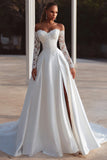 Ivory A Line Off The Shoulder Sweep Train Wedding Dress with Lace