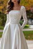 Ivory Square Neck Satin Sweep Train Wedding Dress with Lace