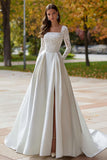 Ivory Square Neck Satin Sweep Train Wedding Dress with Lace