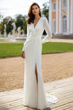 Ivory Sheath Long Sleeves V-Neck Sweep Train Wedding Dress With Slit