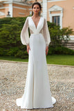 Sparkly Ivory V-Neck Sheath Sweep Train Wedding Dress with Sleeves