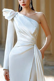 Ivory Ruched Satin One Shoulder Sweep Train Wedding Dress with Sash