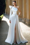 Ivory Ruched Satin One Shoulder Sweep Train Wedding Dress with Sash