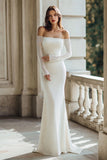 Ivory Mermaid Long Sleeves Off The Shoulder Sweep Train Wedding Dress