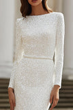 Sparkly Ivory Boat Neck Sheath Sweep Train Wedding Dress with Sleeves