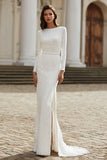 Sparkly Ivory Boat Neck Sheath Sweep Train Wedding Dress with Sleeves