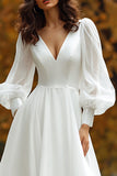 A Line Ivory V-Neck Long Sleeves Sweep Train Wedding Dress