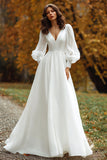 A Line Ivory V-Neck Long Sleeves Sweep Train Wedding Dress