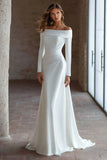 Ivory Off The Shoulder Long Sleeves Sweep Train Wedding Dress