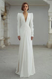 Ivory V-Neck Ruched Satin Sheath Long Sleeves Wedding Dress