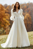 A Line V Neck Ivory Puff Sleeves Sweep Train Wedding Dress