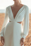 Ivory A Line V Neck Cut Out Sweep Train Wedding Dress with Sleeves