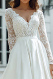 Ivory A Line Satin V Neck Floor-Length Wedding Dress with Lace