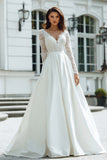 Ivory A Line Satin V Neck Floor-Length Wedding Dress with Lace