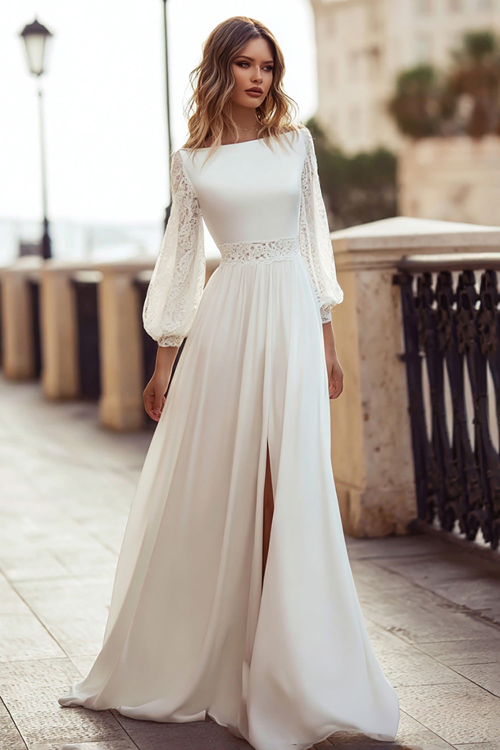 ZAPAKA Women Ivory Wedding Dress with Lace A Line Boat Neck Long Sleeves Bridal Dress with Slit ZAPAKA AU ZAPAKA Women Ivory Wedding Dress with Lace A Line Boat Neck Long Sleeves Bridal Dress with Slit ZAPAKA AU