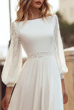 Ivory A Line Boat Neck Long Sleeves Wedding Dress with Slit