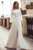 Ivory A Line Boat Neck Long Sleeves Wedding Dress with Slit