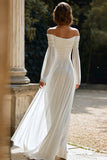 Ivory Pleated Sheath Off The Shoulder Sweep Train Wedding Dress