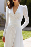 Ivory Long Sleeves A Line Ruched Sweep Train Wedding Dress with Slit