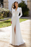 Ivory Long Sleeves A Line Ruched Sweep Train Wedding Dress with Slit