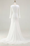 Ivory Mermaid Cowl Neck Flare Sleeves Sweep Train Wedding Dress