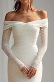Off The Shoulder Sheath Ruched Ivory Wedding Dress