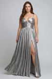 Sliver A Line Metallic Pleated Long Formal Dress With Slit