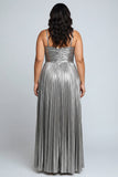 Sliver A Line Metallic Pleated Long Formal Dress With Slit