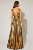 Golden Metallic A Line V-Neck Pleated Long Formal Dress