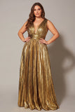 Golden Metallic A Line V-Neck Pleated Long Formal Dress