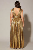 Golden Metallic A Line V-Neck Pleated Long Formal Dress