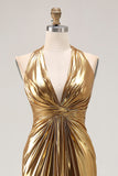 Gold Halter Metallic Ruched Long Formal Dress wth Slit