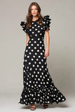 Black White Dot A Line Long Formal Dress with Ruffles