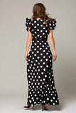 Black White Dot A Line Long Formal Dress with Ruffles