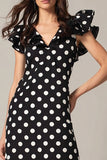 Black White Dot A Line V-Neck Long Formal Dress with Ruffles
